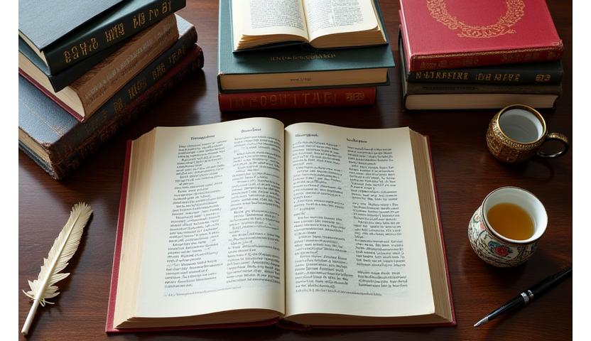 다양한 언어의 철학 서적과 번역 작업을 하는 모습