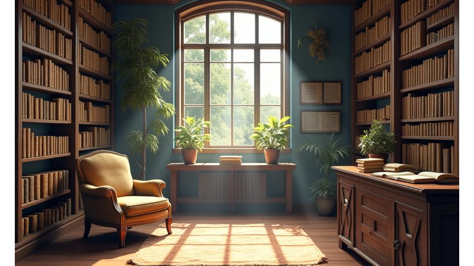 책과 고문서가 가득한 고요한 도서관 풍경